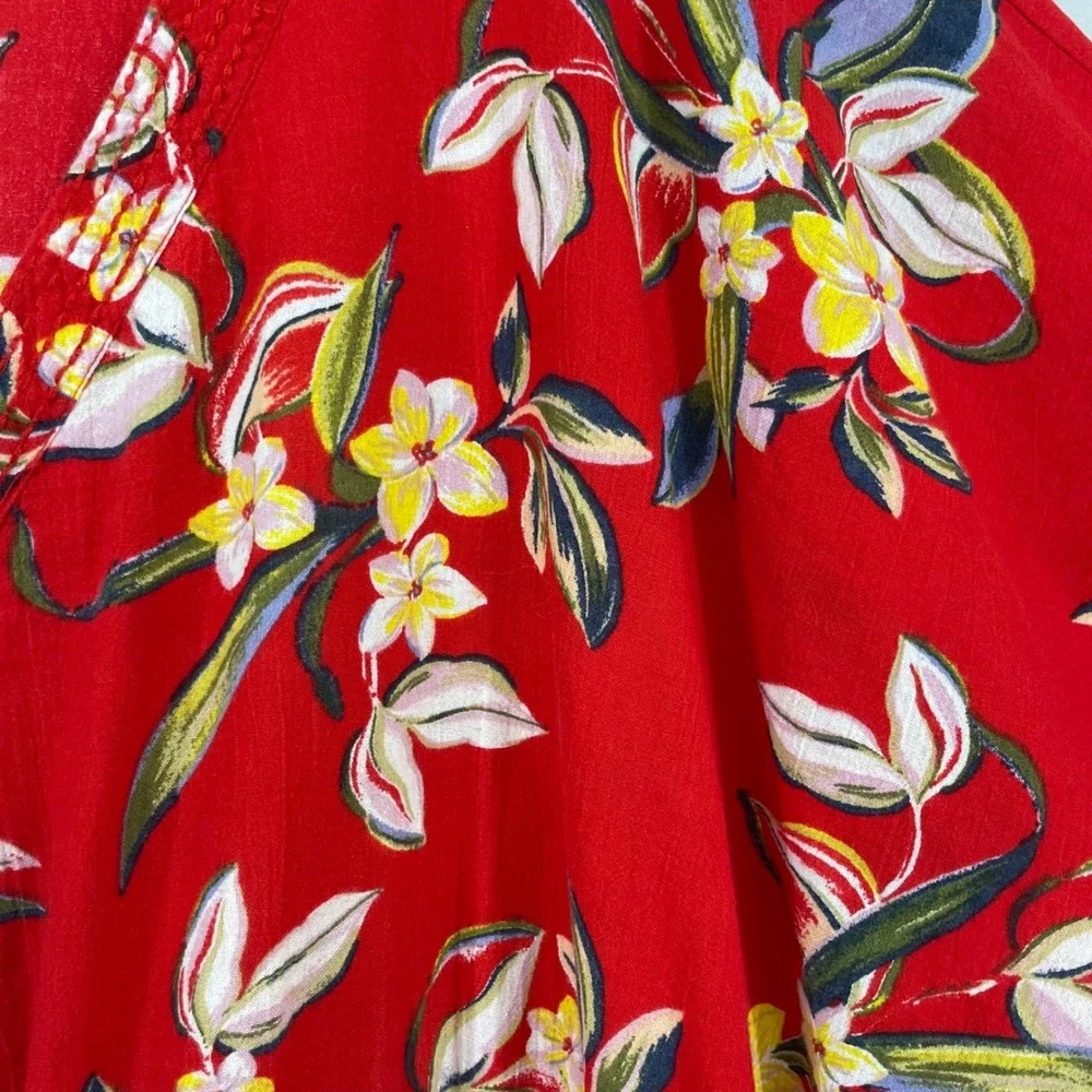 Womens One Size 2X - 3X Red Tropical Floral Kaftan Tunic Top Drawstring Waist OS
